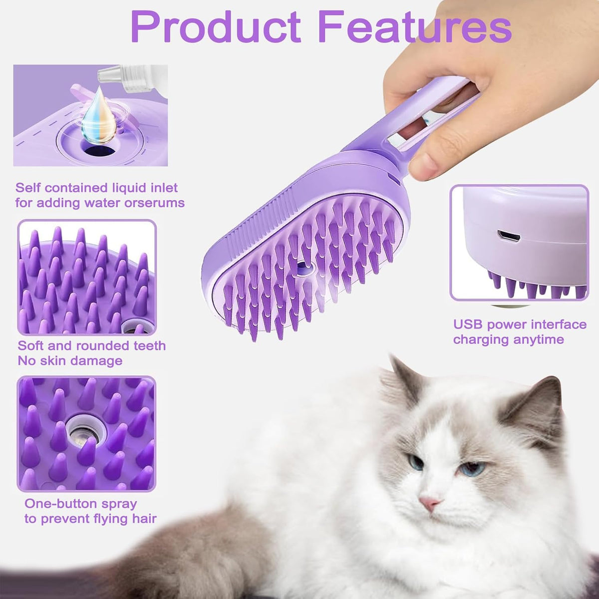 Cat Steam Brush for Shedding, 2025 New 4 in 1 Rechargeable Steam Pet Brushes for Cats & Dogs