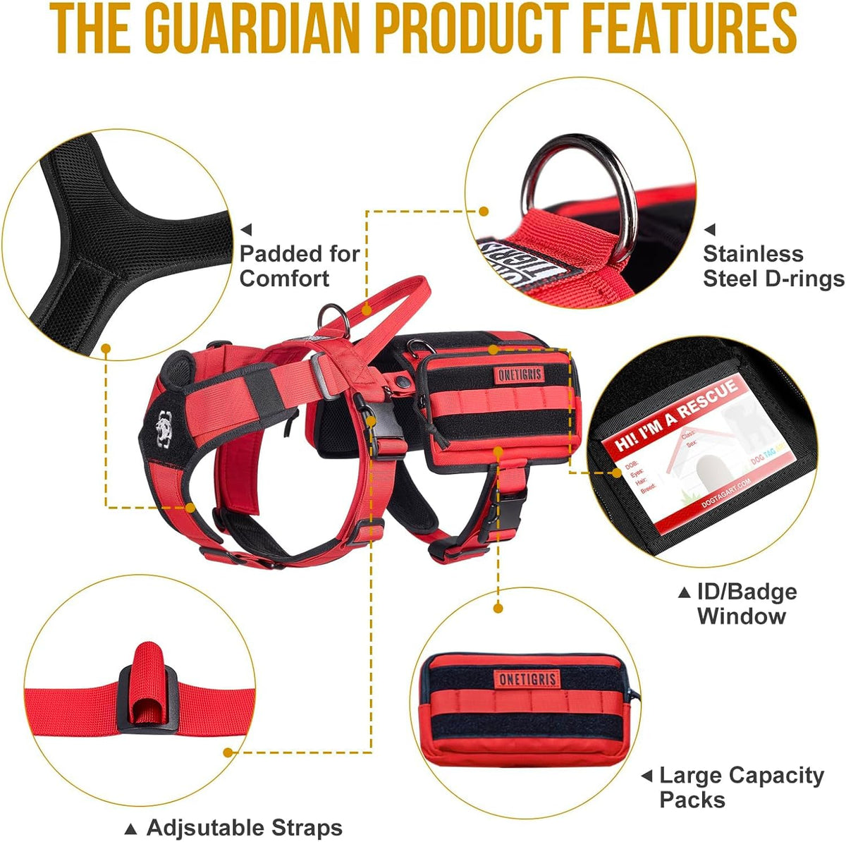 OneTigris Service Dog Vest Harness, Service Dog Cape Guardian Dog Backpack Harness with Pouches Dog