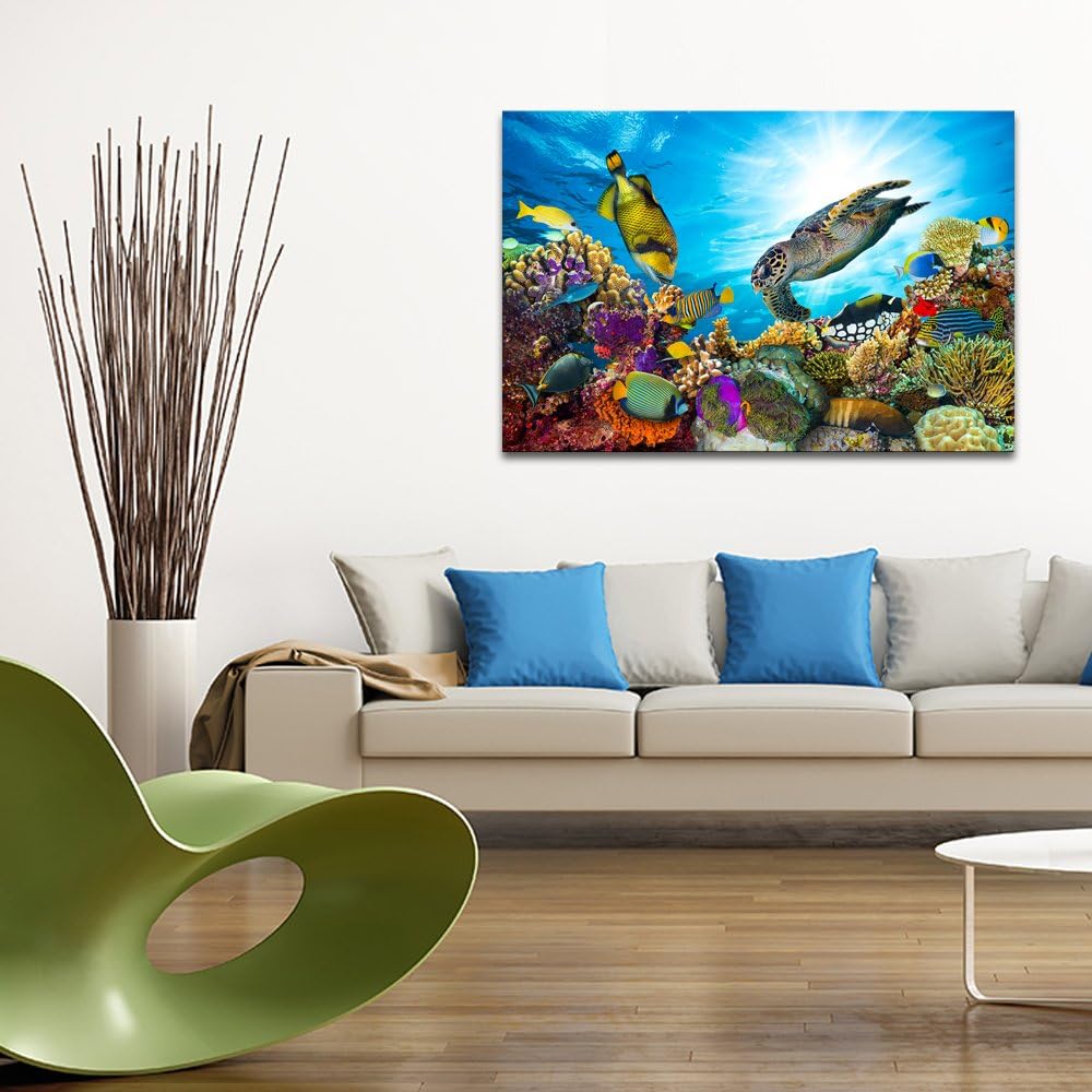 Large Wall Decor Colorful Sea Underwater World Coral Sea Turtle and Tropical Fish Painting Gallery