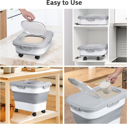Rice Storage Containers, Collapsible 20 to 30Lbs Food Storage Bin Dispenser with Rolling Wheel and
