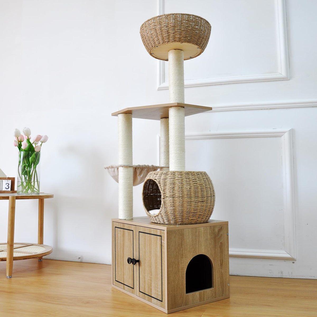 56.7" Tall Rattan Cat Tree for Indoor Cats, Multi-Level Wooden Cat Tower with Scratching Posts
