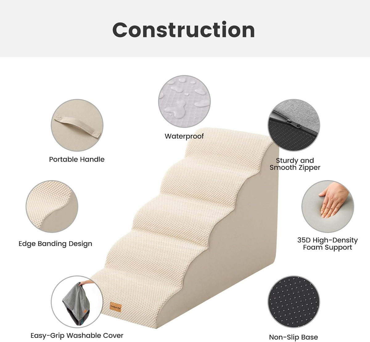 Gardner Pet Dog Stairs for Small Dogs 22.8" H, 5-Step Beige Curved Pet Stairs, Dog Steps for High