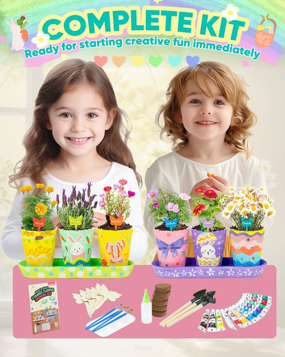 RGBDOT Kids Gardening Set Paint and Plant Stoneware Flower Growing Kit with 6 Pots and Gardening