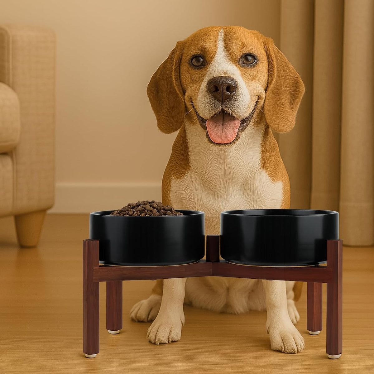 SPUNKYJUNKY Raised Ceramic Dog Bowls Set with Non-Slip Acacia Wood Stand for Medium Sized Dog(42.27
