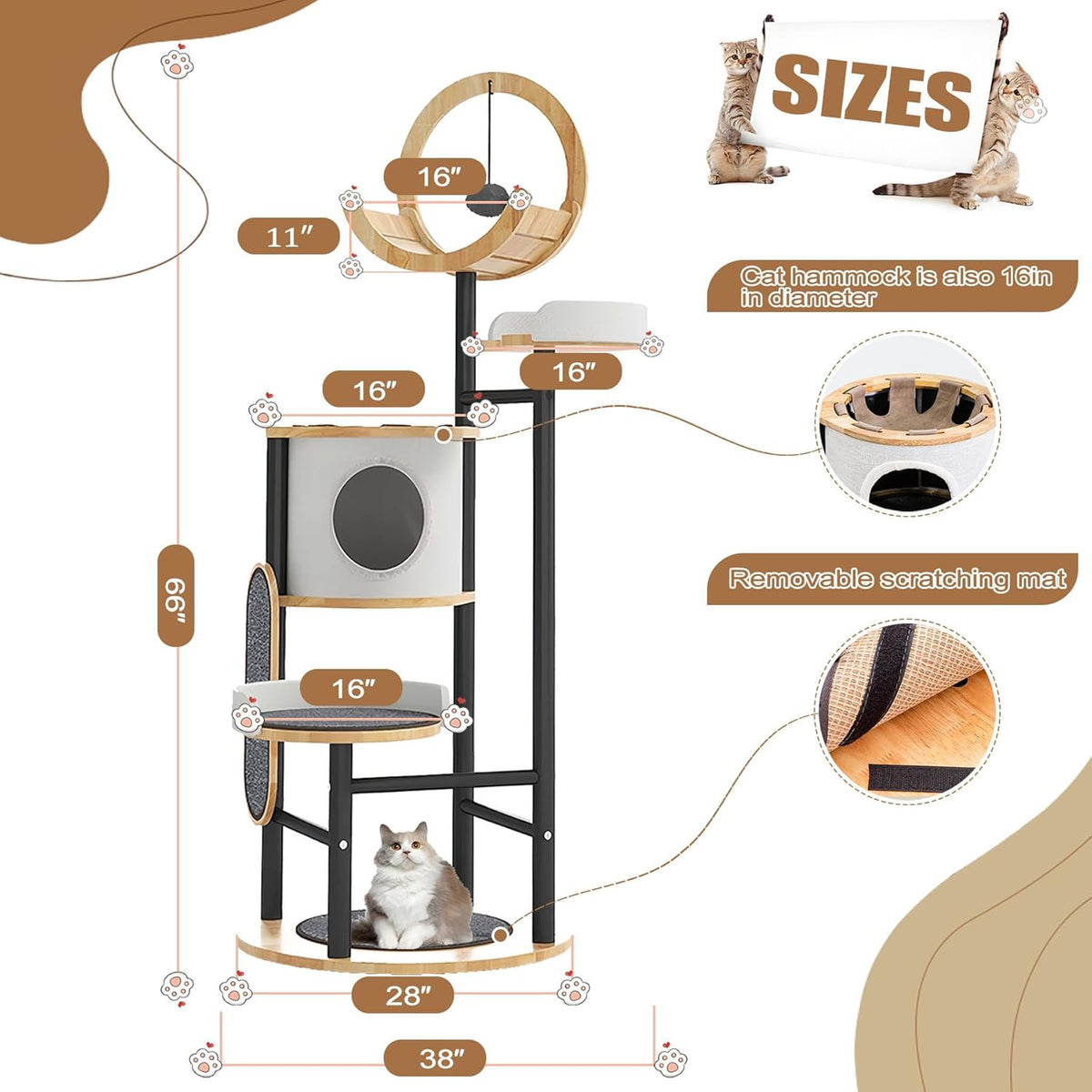 Cat Tree, 66In Cat Tower with Scratching Post, Tall Multi-Level Cat Houses for Indoor Cats Large