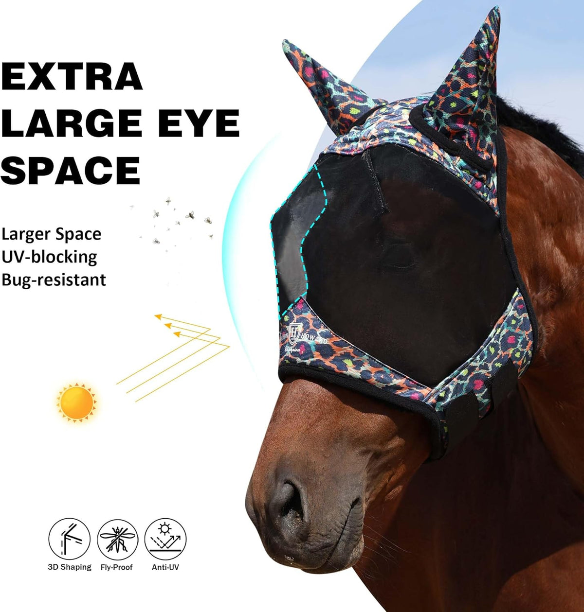 Harrison Howard Pro LumiVista Horse Half Face Fly Mask Large Eye Space with Ears UV Protection for