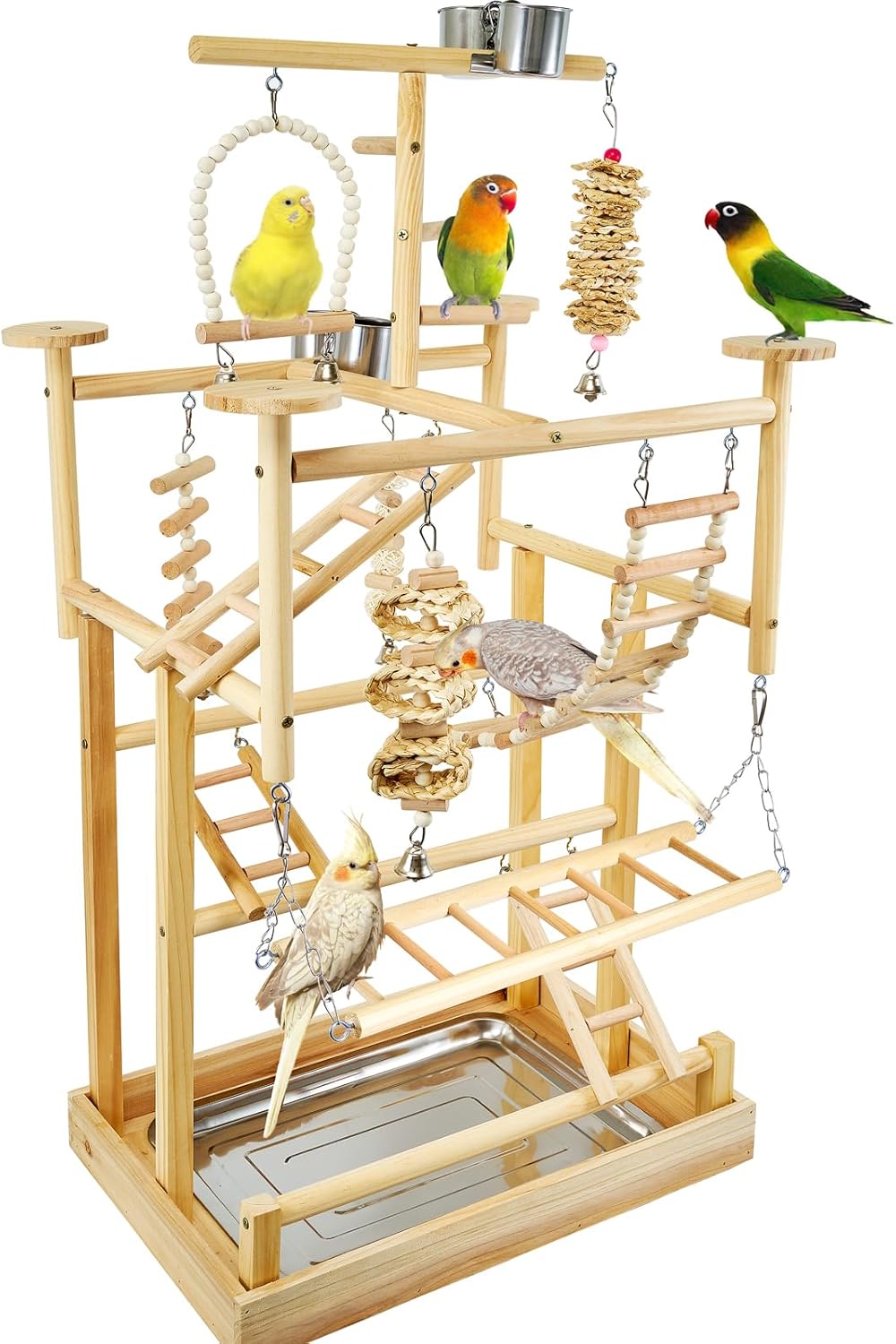 Bird Playground - Natural Wood Parrot Playstand with Perches, Bird Play Gym & Accessories