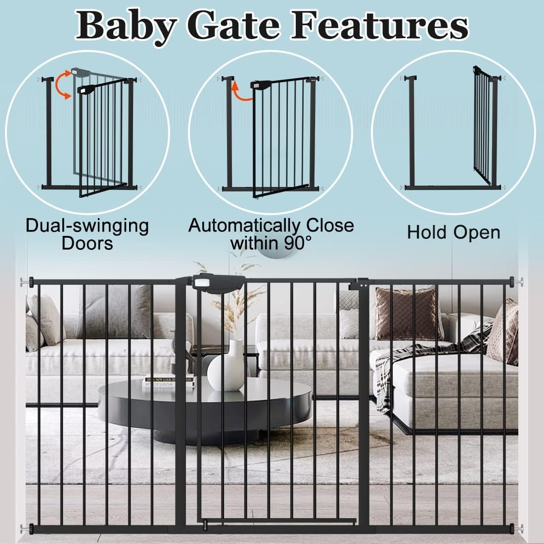 WAOWAO Triple Lock 49.21-66.54" Baby Gate Extra Wide Pressure Mounted Walk Through Swing Auto Close