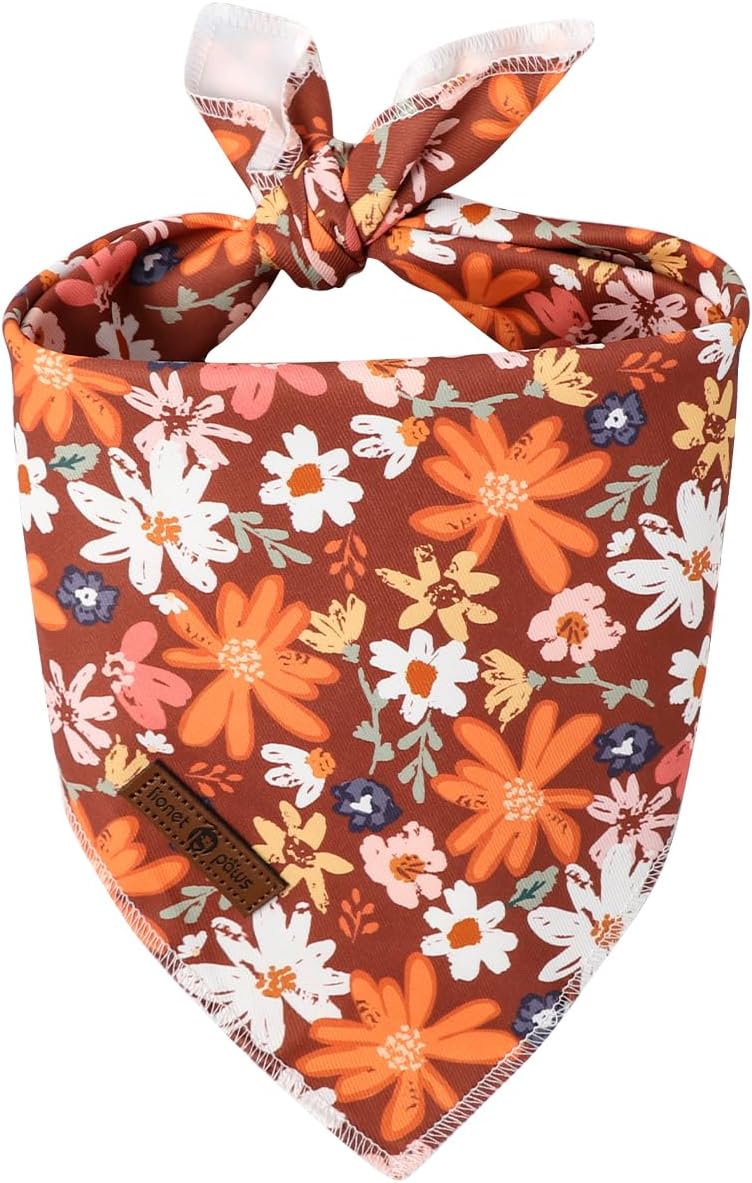Lionet Paws Fall Dog Bandana Washable Cotton Brown Handkerchief Scarf Triangle Floral Oxalis