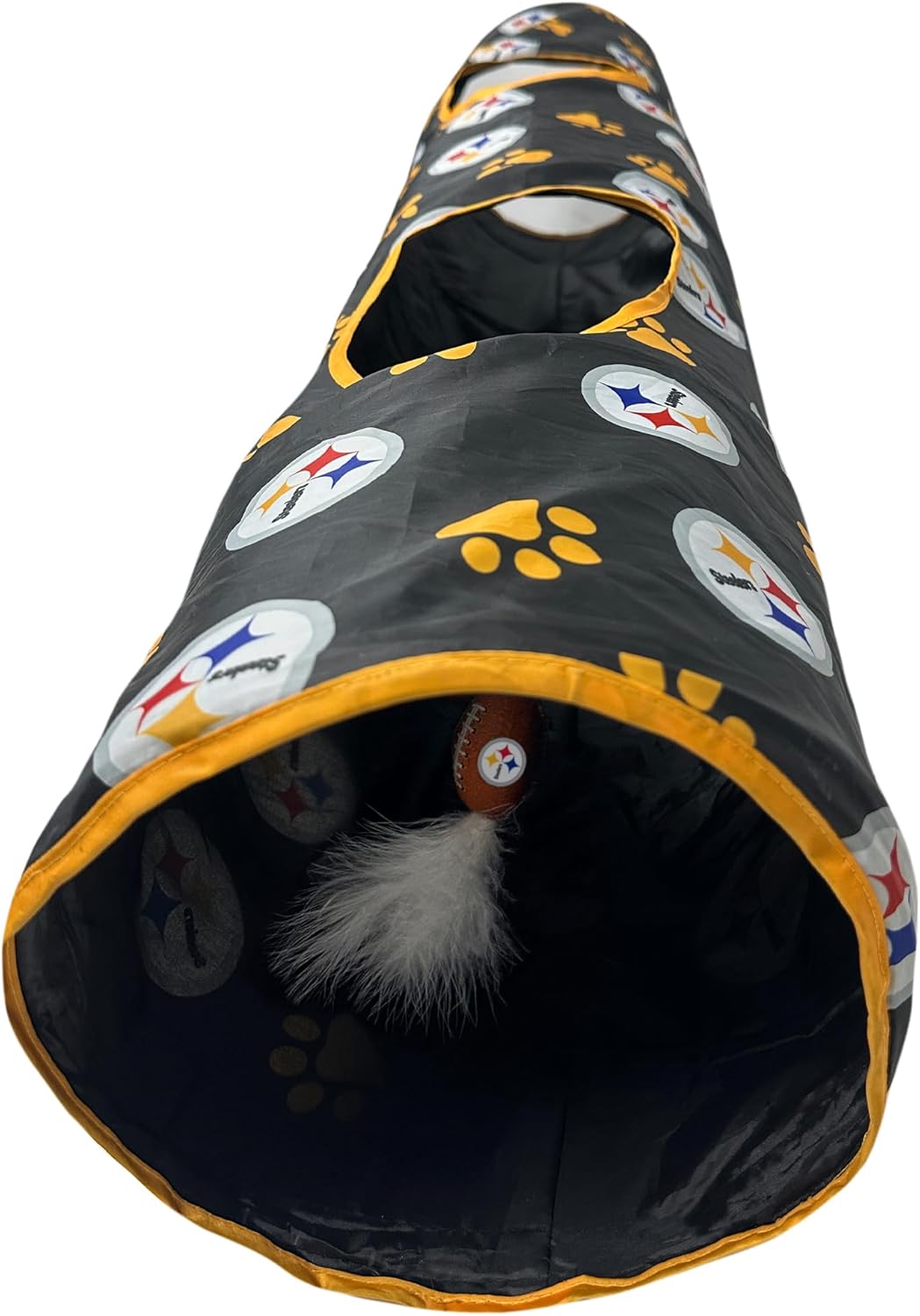 NFL Pittsburgh Steelers Cat Tunnel Tube Toy with Plush Football Catnip and Feathers Collapsible