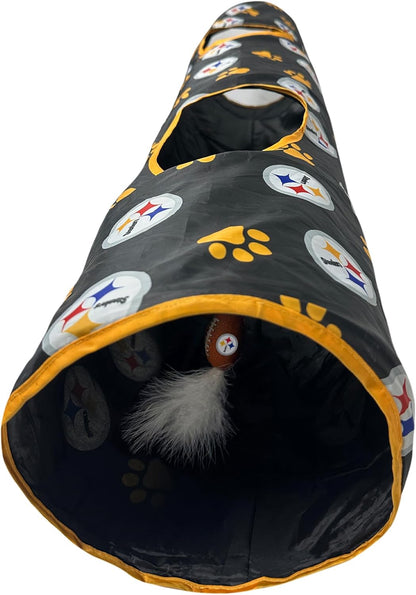 NFL Pittsburgh Steelers Cat Tunnel Tube Toy with Plush Football Catnip and Feathers Collapsible
