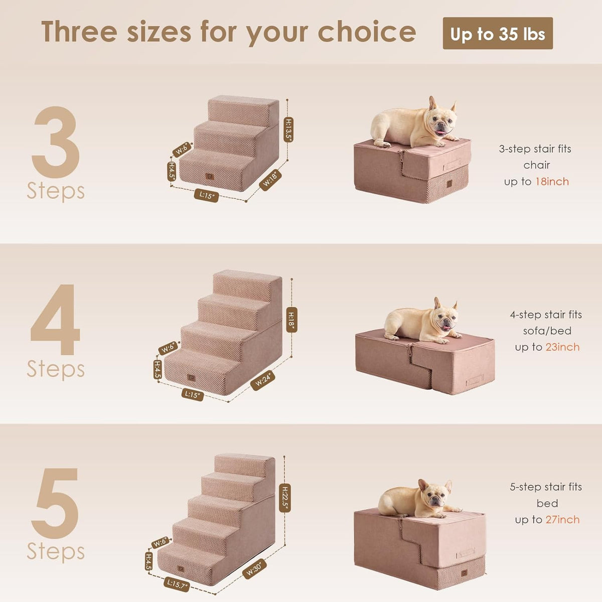 EHEYCIGA Dog Stairs for Small Dogs 13.5" H, 3-Step Dog Steps for Couch Sofa and Chair, Pet Steps