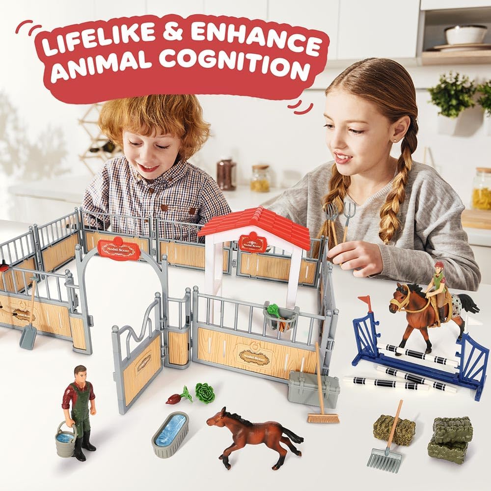 Horse Stable Playset, Horse Toys Set for Girls and Boys with Rider, Farm Animal Figurines Barn