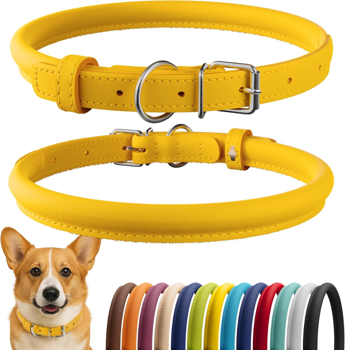 CollarDirect Rolled Leather Dog Collar, Soft Padded Round Puppy Collar, Handmade Genuine Leather