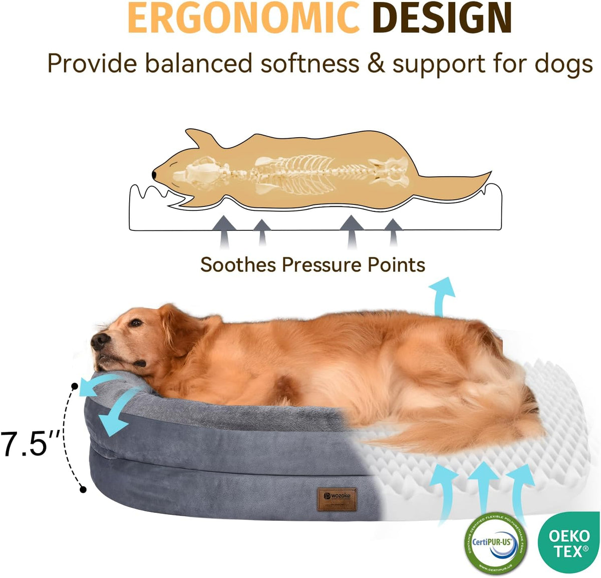 Orthopedic Waterproof Large Dog Bed: Washable Dog Bed with Bolsters - XXL Orthopedic Removable