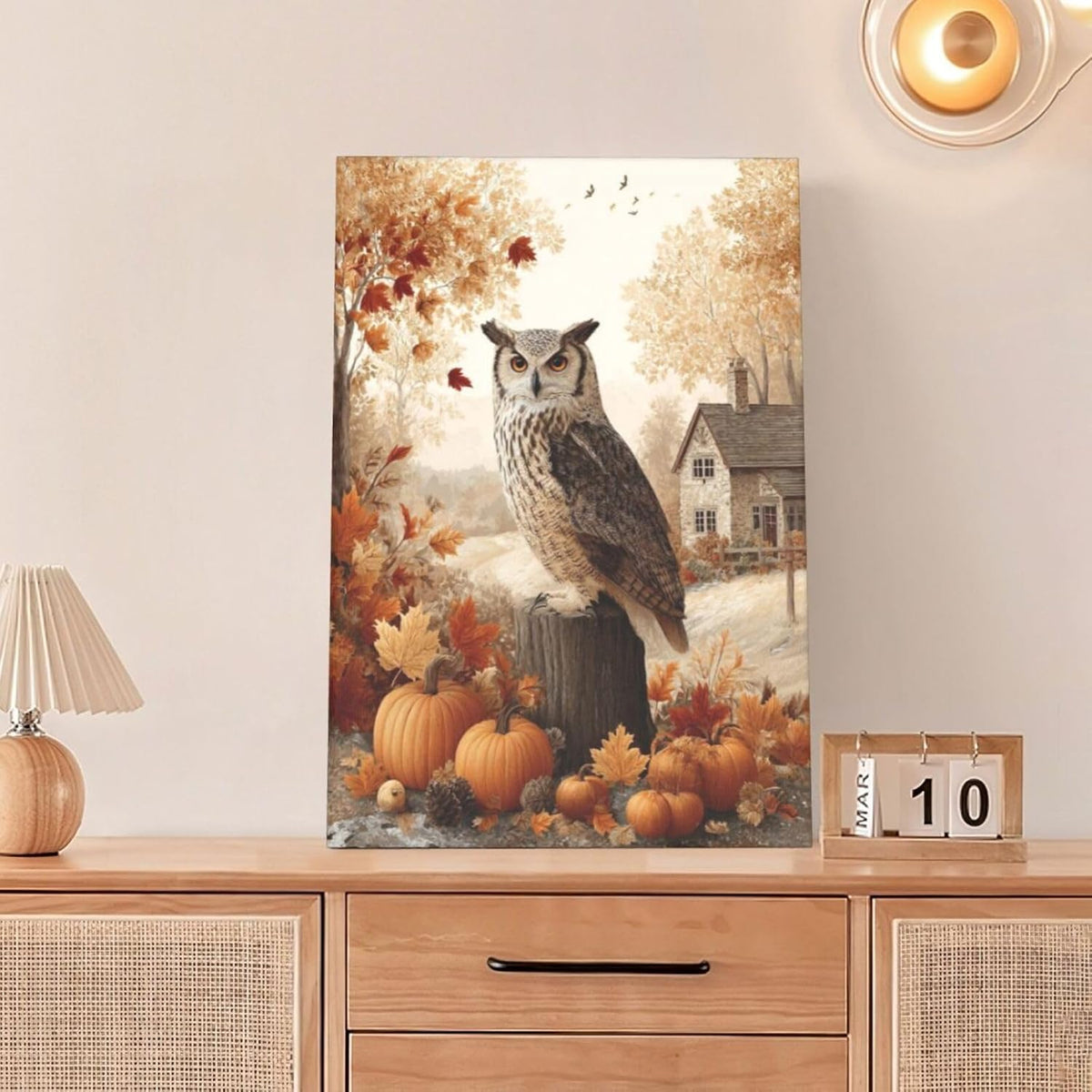 Fall Owl Wall Art Autumn Pumpkin Leaves Wall Decor Rustic Canvas Print Farmhouse Pictures Painting