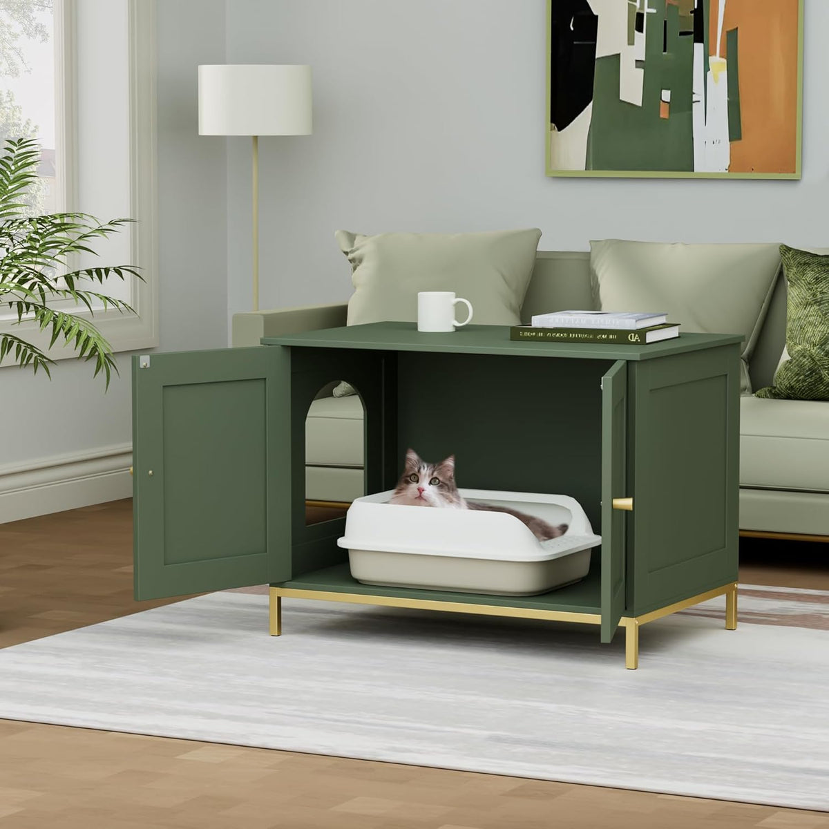 Homhedy Cat Litter Box Enclosure, Cat Washroom Furniture with Metal Frame, Pet House, Fit Most of