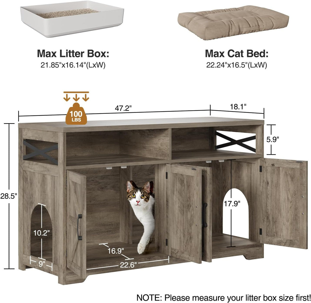 Cat Litter Box Enclosure for 2 Cats, 47" Hidden Litter Box Furniture Cat Washroom with Double Large
