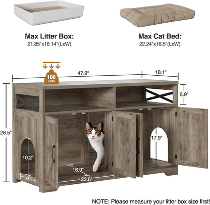 Cat Litter Box Enclosure for 2 Cats, 47" Hidden Litter Box Furniture Cat Washroom with Double Large