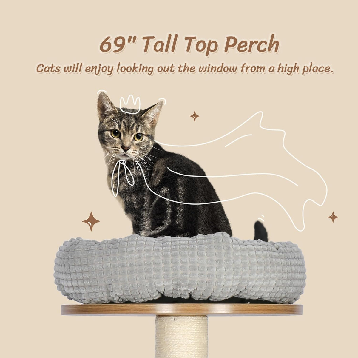 KAMABOKO Tall Wood Cat Tree, 69” Large Cat Tower Multi-Level Platforms with Sisal Scratching Posts