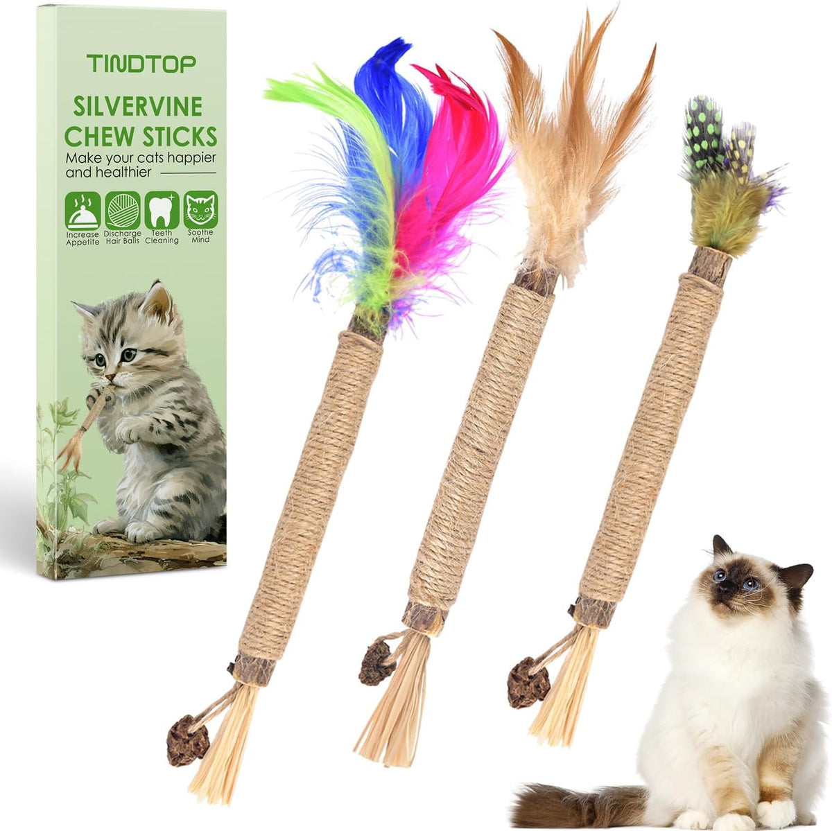 TINDTOP Silvervine Chew Sticks for Cats, Natural Catnip Chew Toys for Kittens Teeth Cleaning