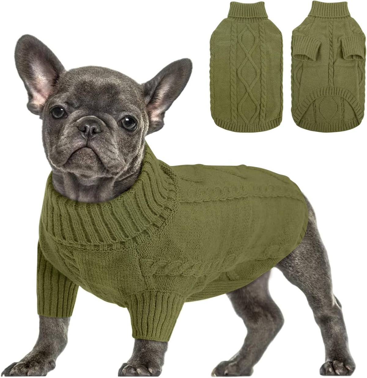 Queenmore Small Dog Pullover Sweater, Cold Weather Cable Knitwear, Classic Turtleneck Thick Warm