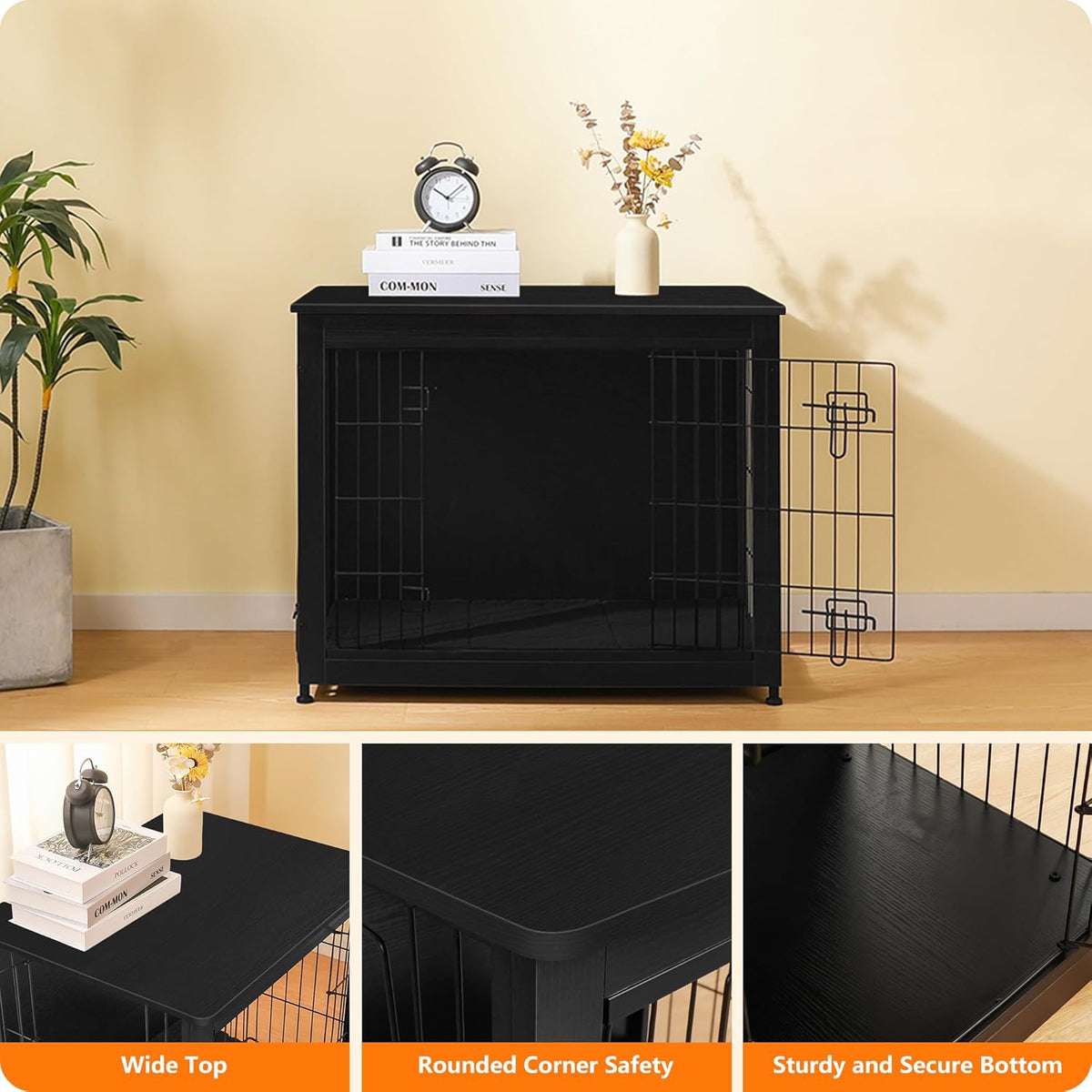DWANTON Dog Crate Furniture with Cushion, Wooden Kennel Table with Double Doors, Indoor Dog House