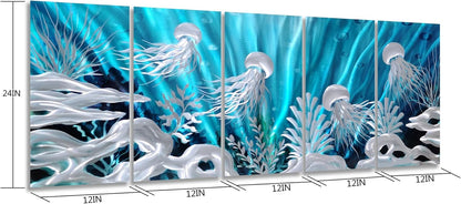 SYGALLERIER Jelly Fish Large Metal Wall Art Hand Grind Aluminum Artwork 3D Undersea World Coastal