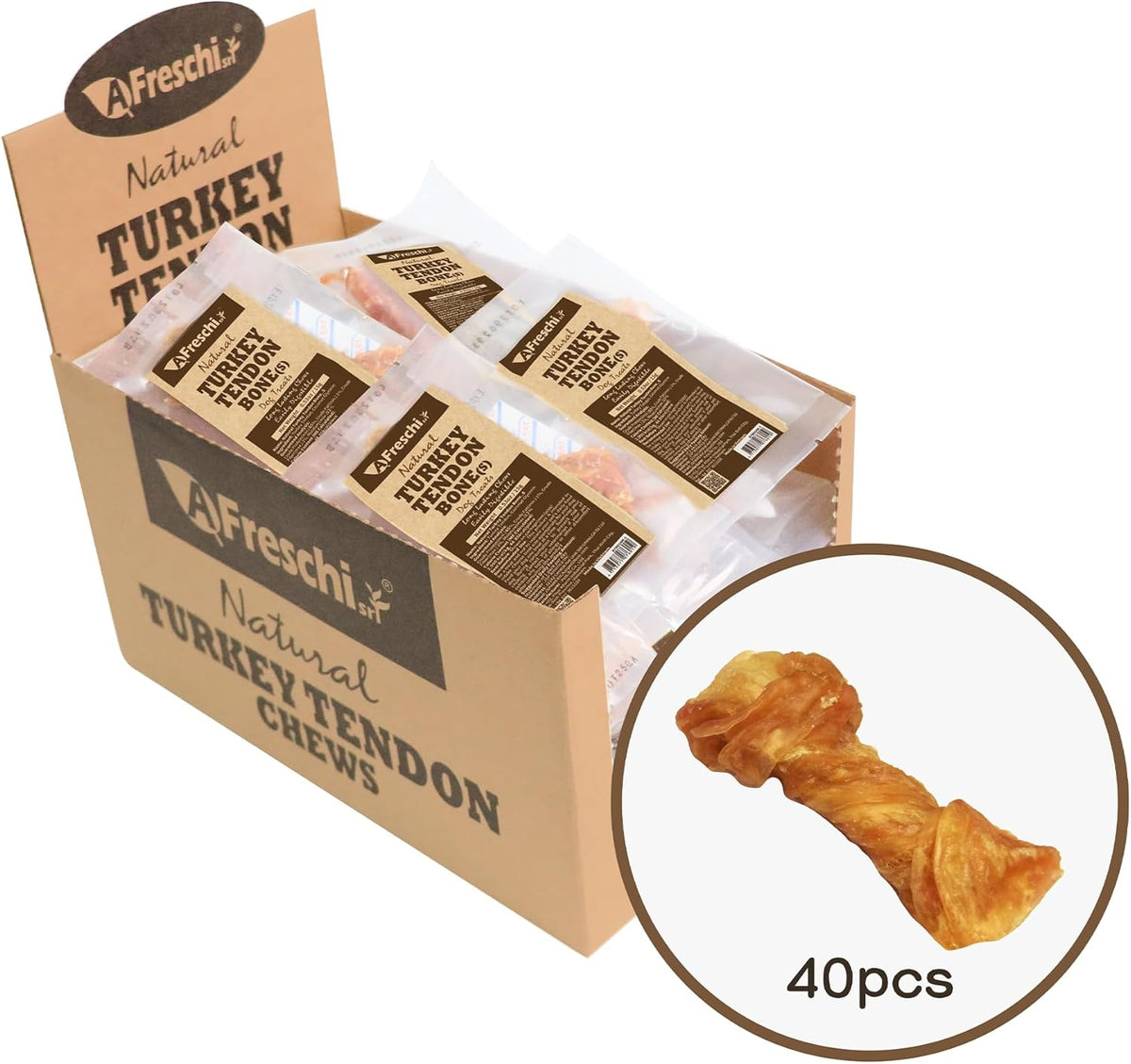 Afreschi Natural Turkey Tendon Bone (S) 40 Units/Box, Dog Treats for Signature Series, All Natural