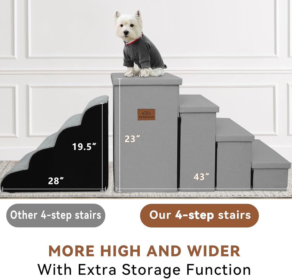 Dog Stairs with Storage 23" H, 4-Step Wider Dog Steps for High Beds Window, Folding Sturdy Pet