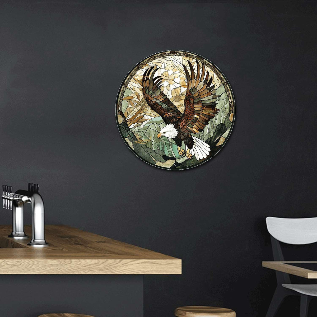 Lygond Metal Sign Tin Sign Circular Stained Glass American Bald Eagle Bar Signs for Home Bar for