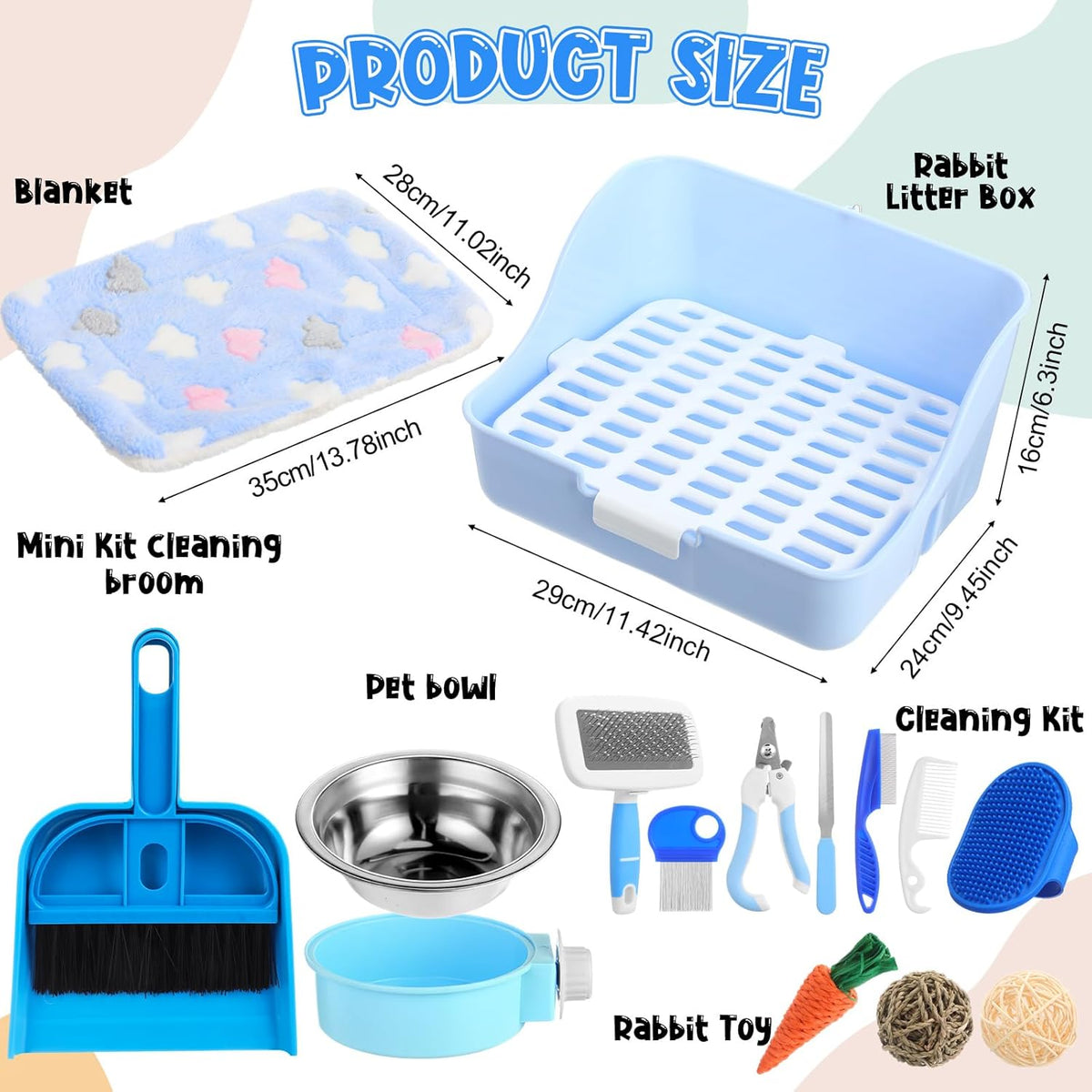 15 Pcs Rabbit Starter Kit Small Rabbit Litter Box Animal Grooming Kit Bunny Toys Bowl Blankets with
