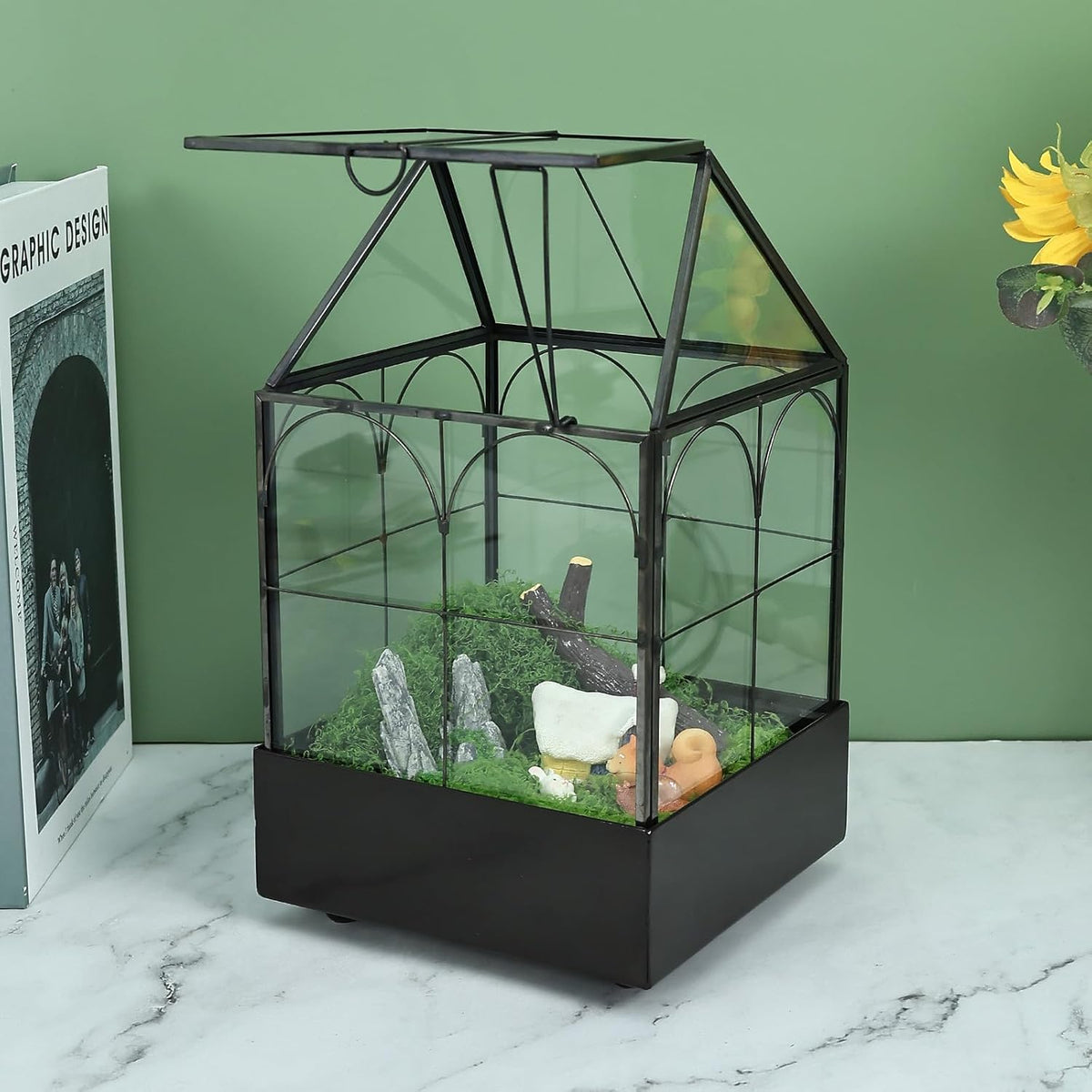 HighFree Glass Terrarium with Metal Tray, Glass Greenhouse Terrarium Kit for Succulents, Cacti
