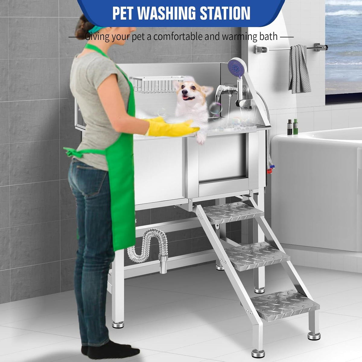 Professional Stainless Steel Dog Bathing Station, Dog Grooming Tub, with Stairs, Floor Grate &