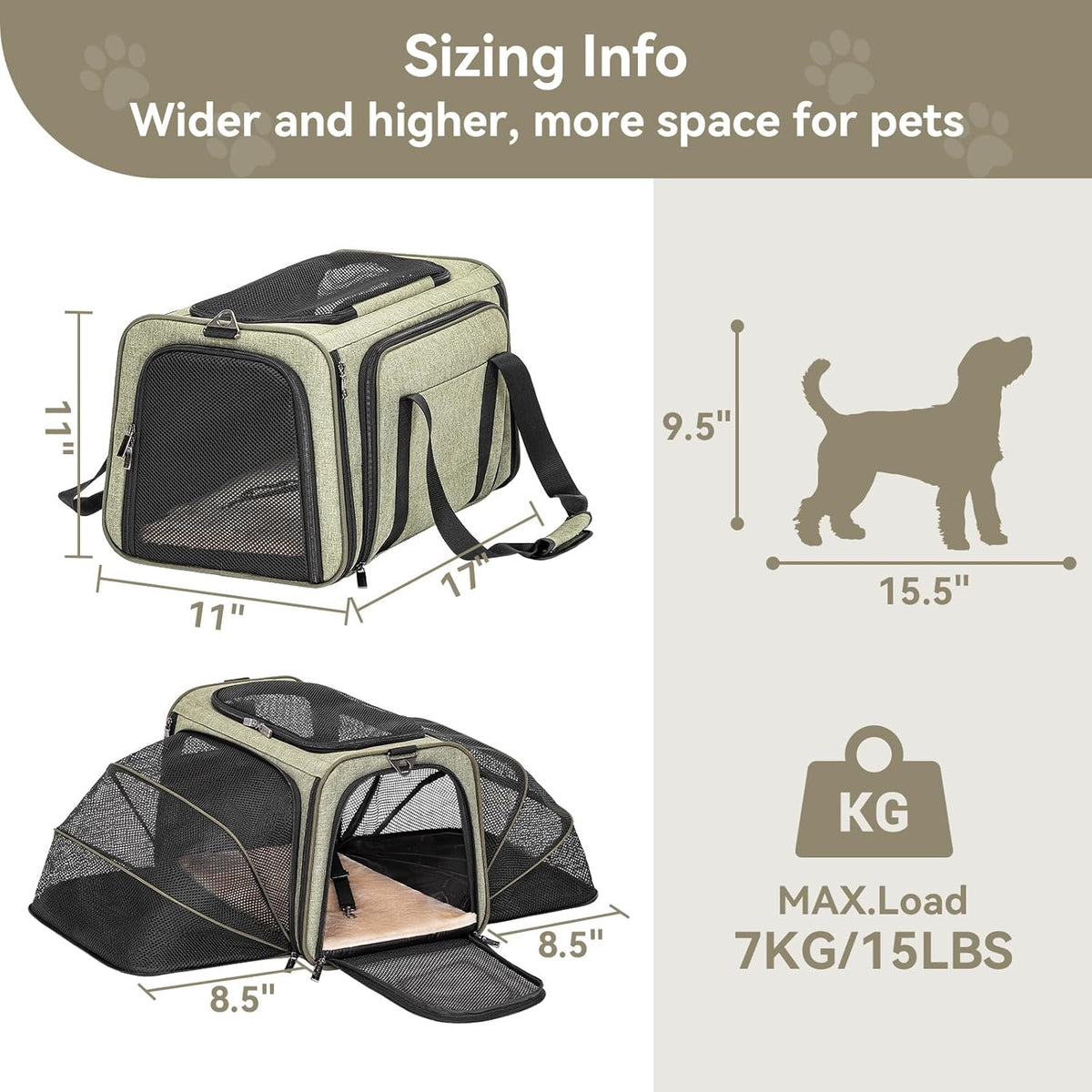 Petsfit Expandable Cat Dog Carrier Airline Approved, 17" L x 11" W x 11" H Soft-Sided Portable Pet