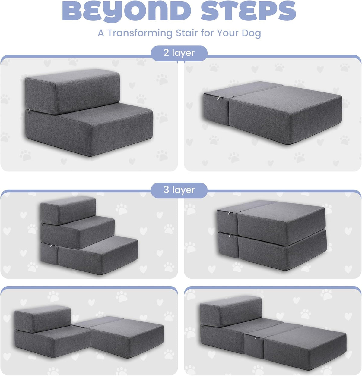 Foldable 18 Inch Wide 3 Step Wide Dog Stairs for Large Dogs, 18 Inch Height Foam Dog Steps for Bed