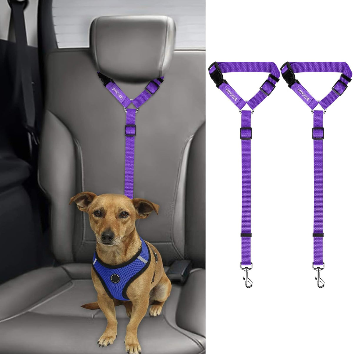 BWOGUE 2 Packs Dog Cat Safety Seat Belt Strap Car Headrest Restraint Adjustable Nylon Fabric Dog
