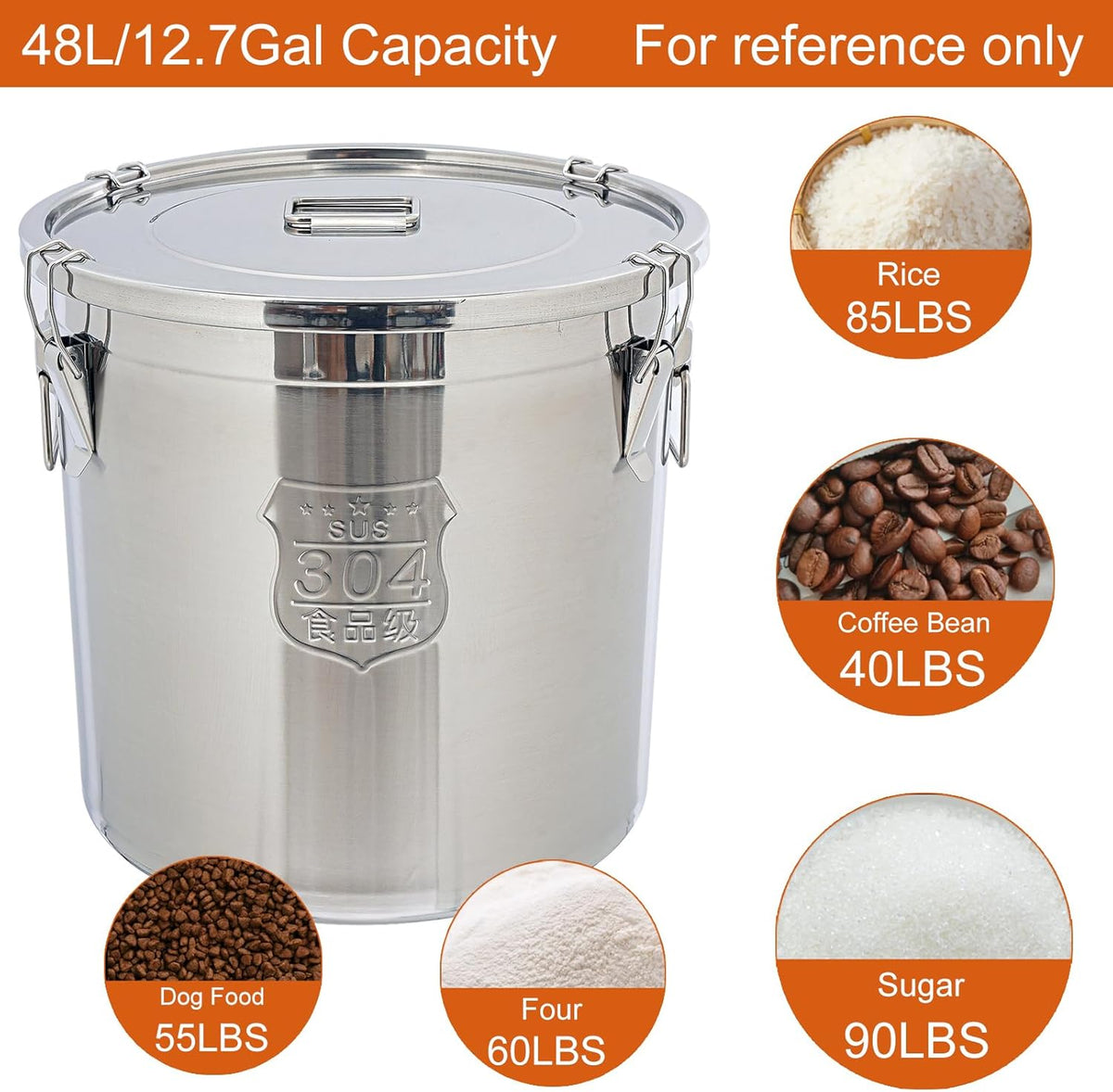 DYNAMI 12.7Gal 304 Stainless Steel Rice Storage Container,Extra Large Food Grade Canister,40-90Lbs
