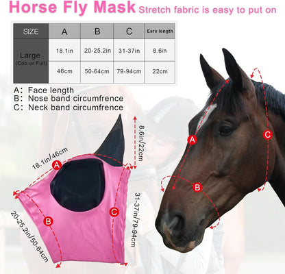 Horse Fly Mask with Ears, Comfortable Fit Stretch Fabric with UV Protection Soft on Skin