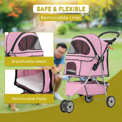 3-Wheels Pet Strolling Cart for Small Medium Dogs and Cats with Storage Basket,Holder, Foldable Pet