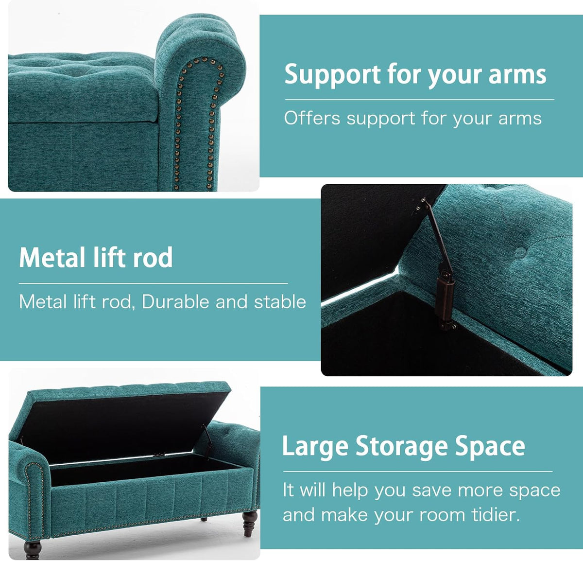 58’’ Storage Bench for Bedroom, Upholstered Button-Tufted Ottoman with Solid Wood Legs, Queen Size