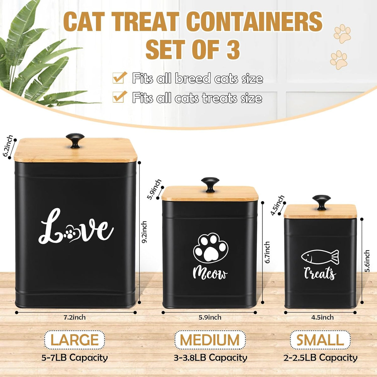 Metal Airtight Cat Food Containers Set of 3 with Bamboo Lids and Spoon 7+3+2 Lbs Cat Treat Storage