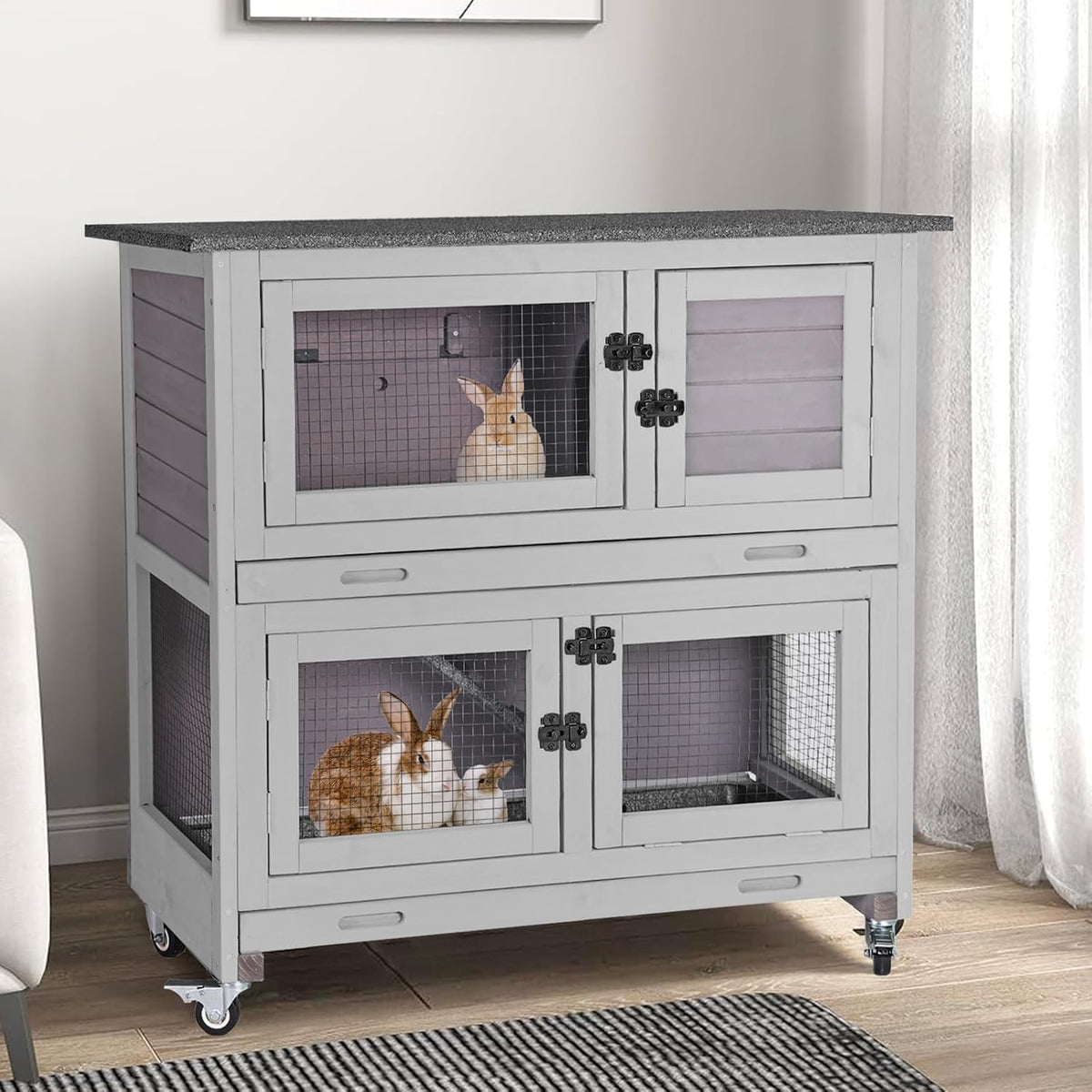 GUTINNEEN Rabbit Hutch Indoor with Chew-Proof Design, Wooden Bunny Cage Outdoor Guinea Pig Cages
