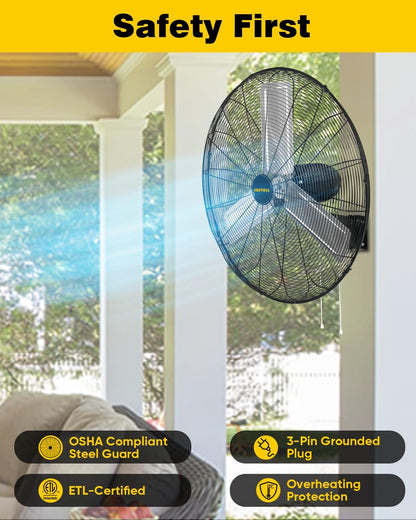 VENTISOL 30 Inch Wall Mount Fan Oscillating, 9500 CFM High Velocity Industrial Fans with 3 Speeds