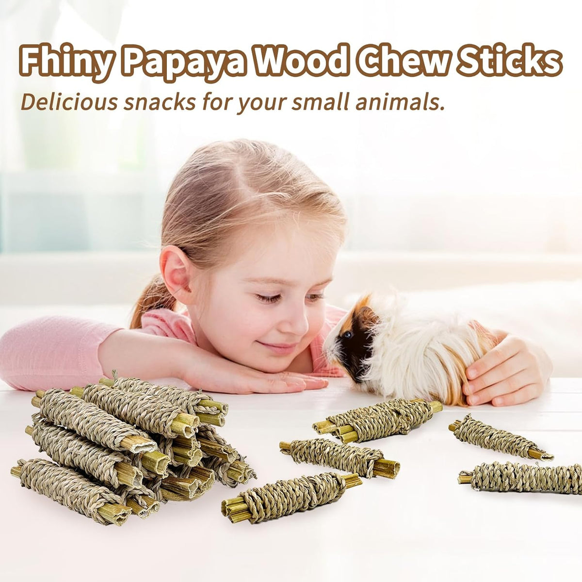 Fhiny 12 PCS Rabbit Chew Sticks, Natural Papaya Wood Seagrass Guinea Pig Chew Toys for Teeth Small
