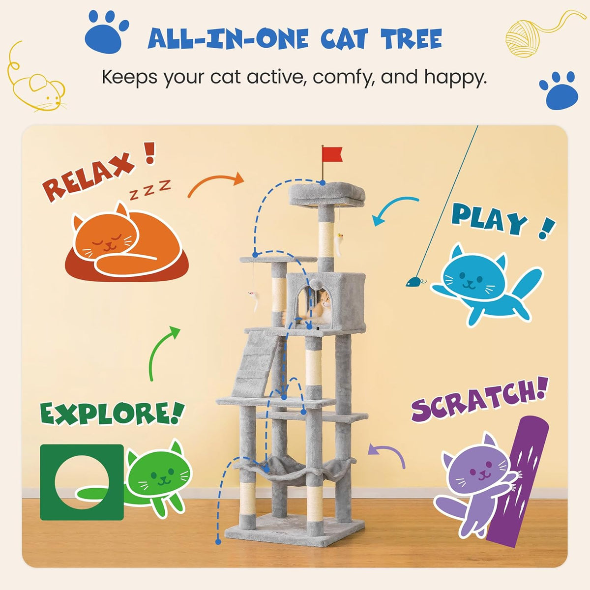 MWPO 63.8 inches Multi-Level Cat Tree for Large Cats with Sisal-Covered Scratching Posts, Padded