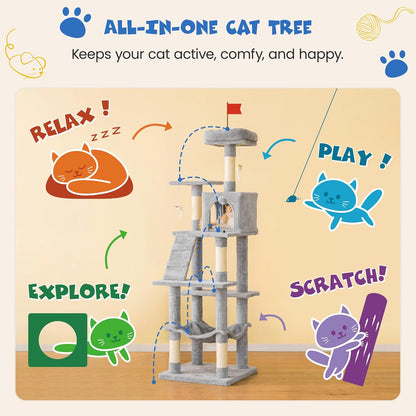 MWPO 63.8 inches Multi-Level Cat Tree for Large Cats with Sisal-Covered Scratching Posts, Padded
