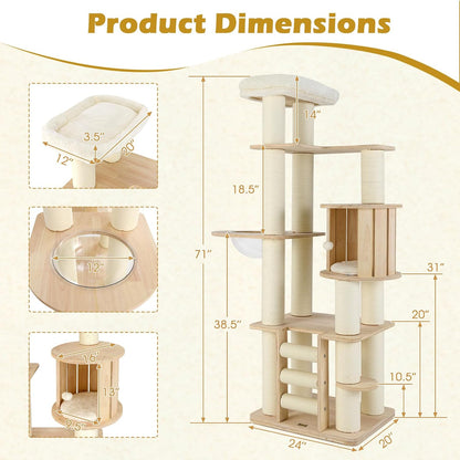 Tangkula 71” Tall Cat Tree, Multi-Layer Wood Cat Tower with Scratching Posts, Perch, Condo, Space