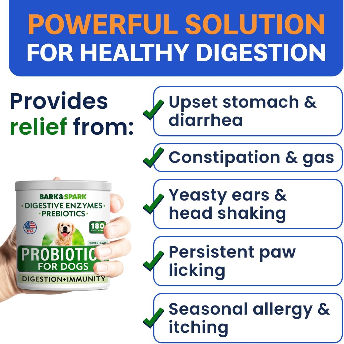 Bark&Spark Dog Probiotics & Digestive Enzymes (Gut Health) Allergy & Itchy Skin - Pet Diarrhea Gas