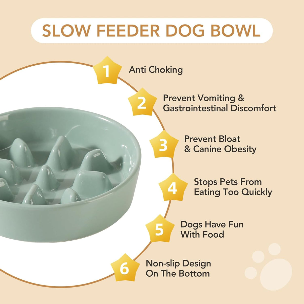 Ceramic 6.1inch Dog Bowl Slow Feeder, Slow Pet Food Dish for Small Dog and Cat, Stop Bloat